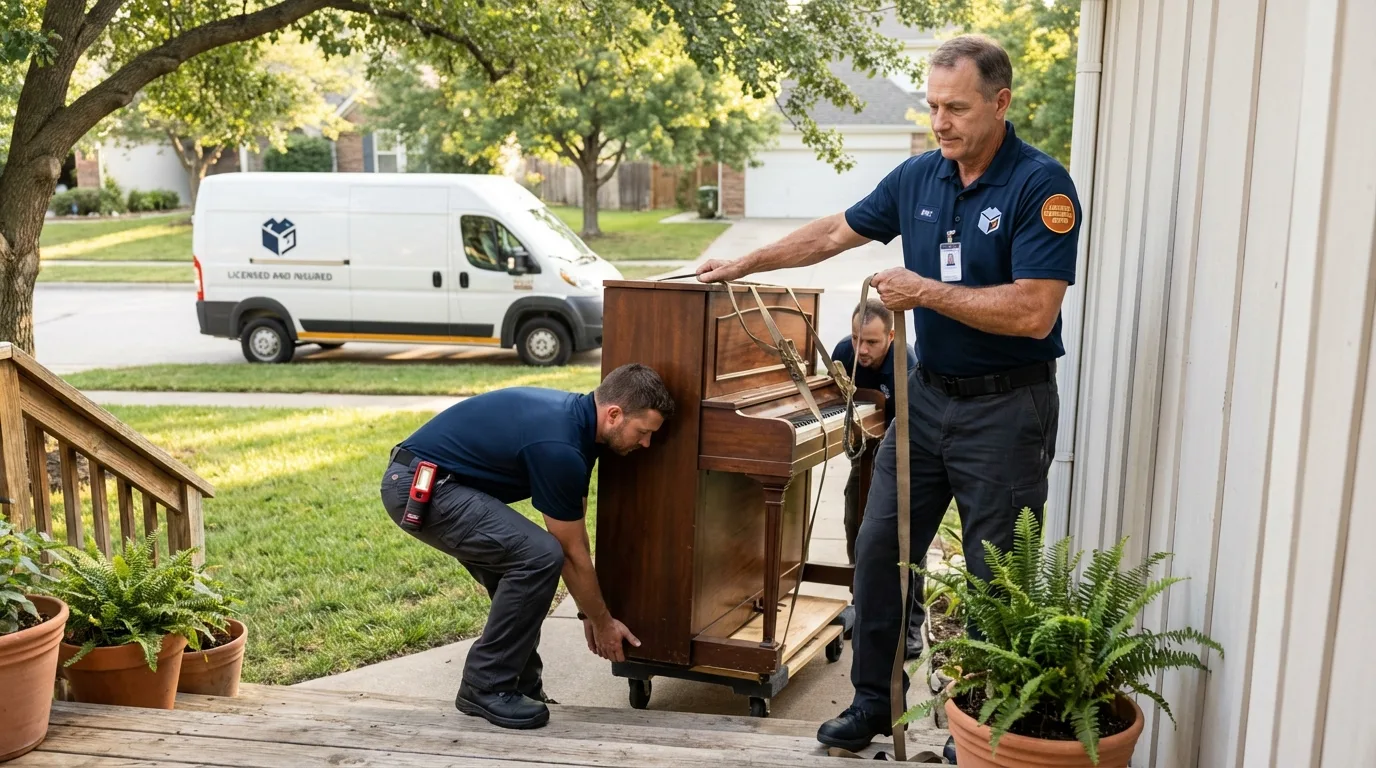 Licensed piano movers securing grand piano in North Brookfield, MA