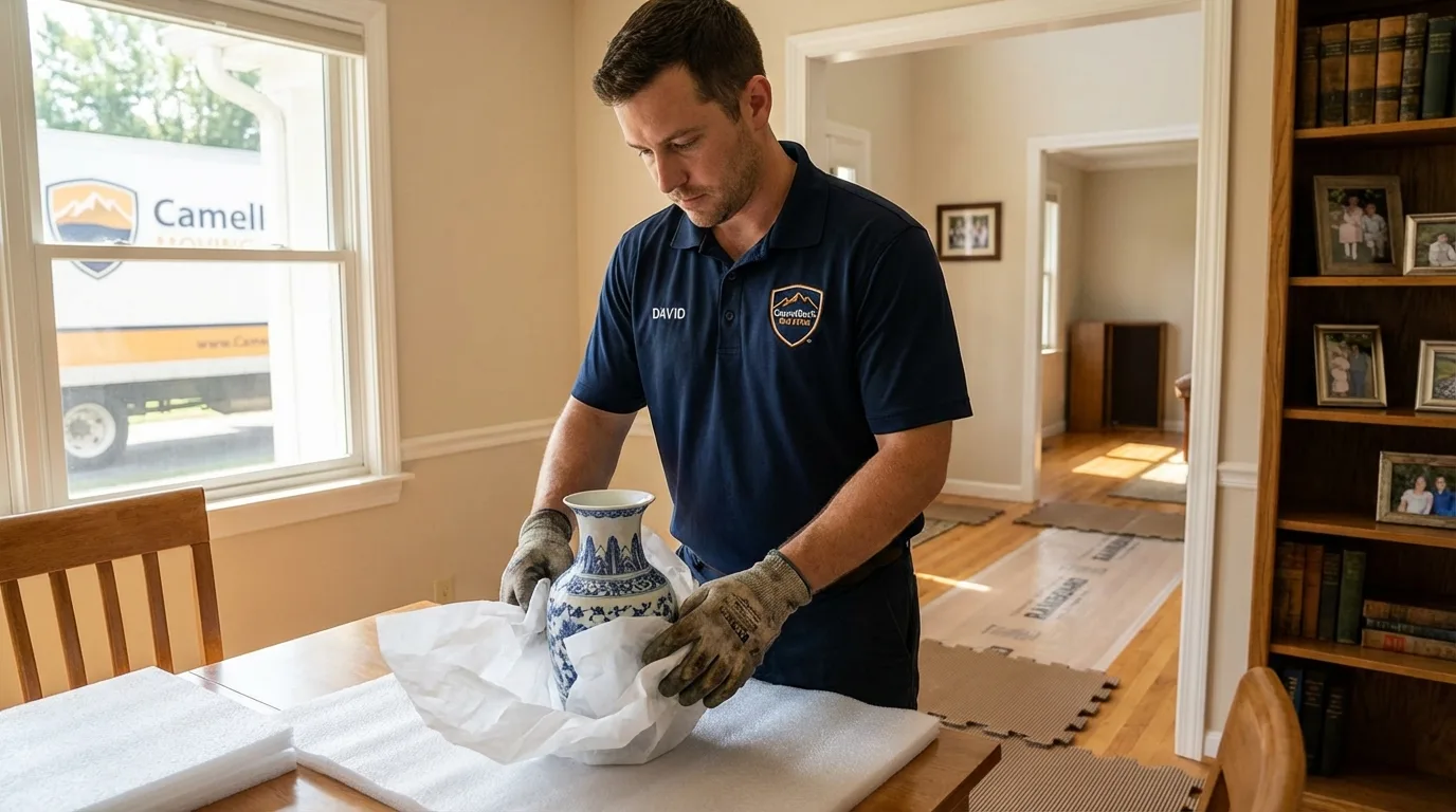 Professional crew carefully wrapping antique vase for senior downsizing move in North Brookfield, MA