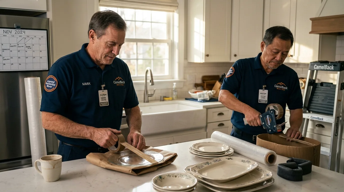 Professional crew packing kitchen dishware in North Brookfield, MA